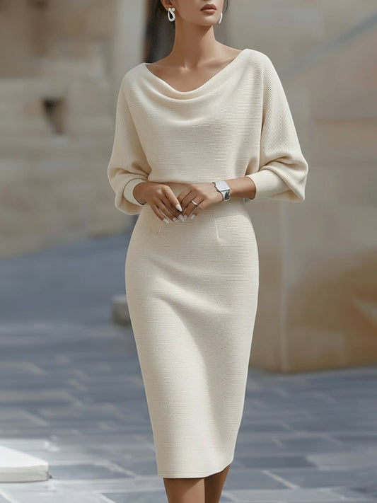 Batwing Cowl-Neck Midi Dress for Women - Beige
