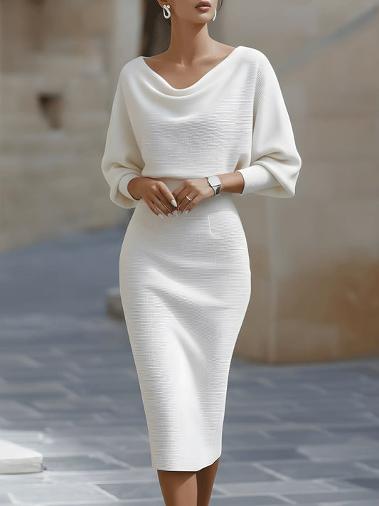 Batwing Cowl-Neck Midi Dress for Women - White