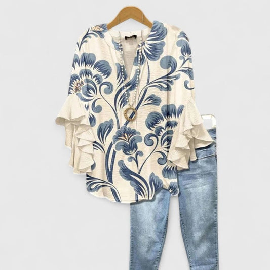 Blouse for Women - White Blue