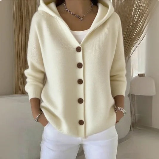 Casual Knit Cardigan with Hood and Button Front - Beige