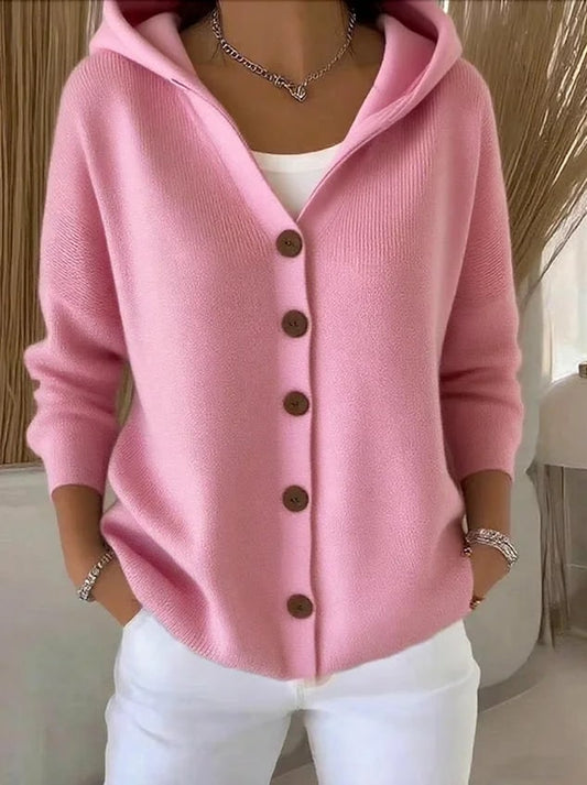 Casual Knit Cardigan with Hood and Button Front - Pink