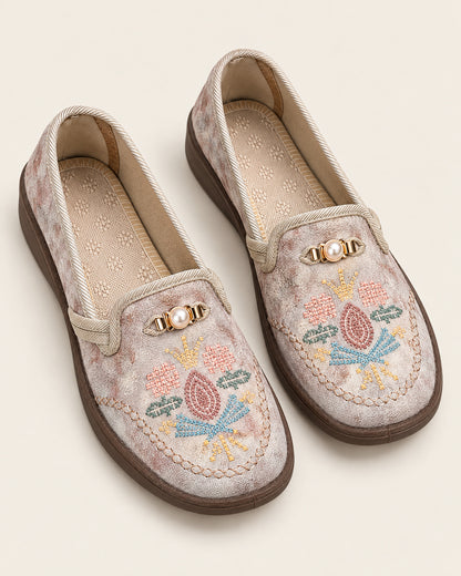 Pearl Buckle Floral Embroidered Loafers for Women – clean studio photo