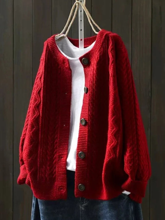 Comfortable Cable-Knit Oversized Cardigan - Red
