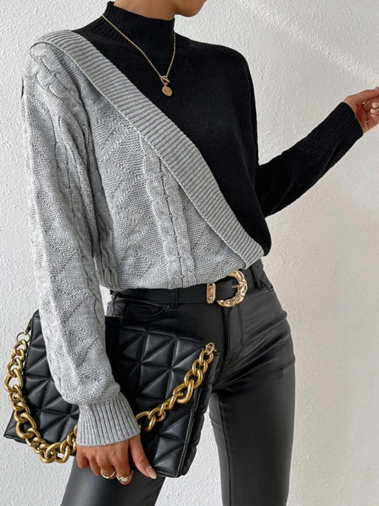 Comfortable Colorblock Cable Knit Sweater for Women - Grey