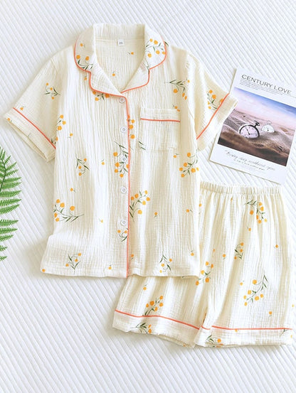 Cotton Gauze Pajama Set for Women - Bouquet