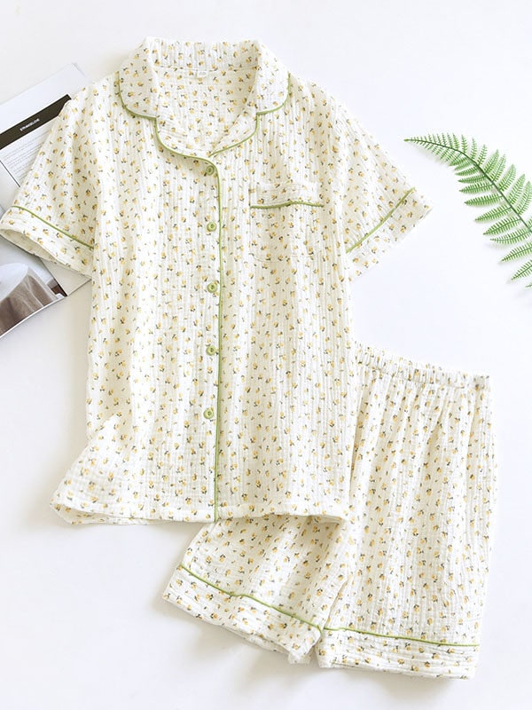 Cotton Gauze Pajama Set for Women - Flowers