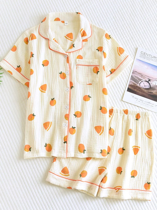 Cotton Gauze Pajama Set for Women - Oranges