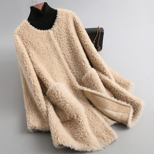Couture Shearling Coat for Women - Khaki Beige