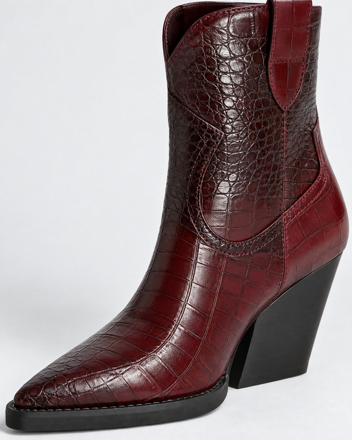 Croc-Embossed Leather Western Wedge Ankle Boots for Women – close-up detail