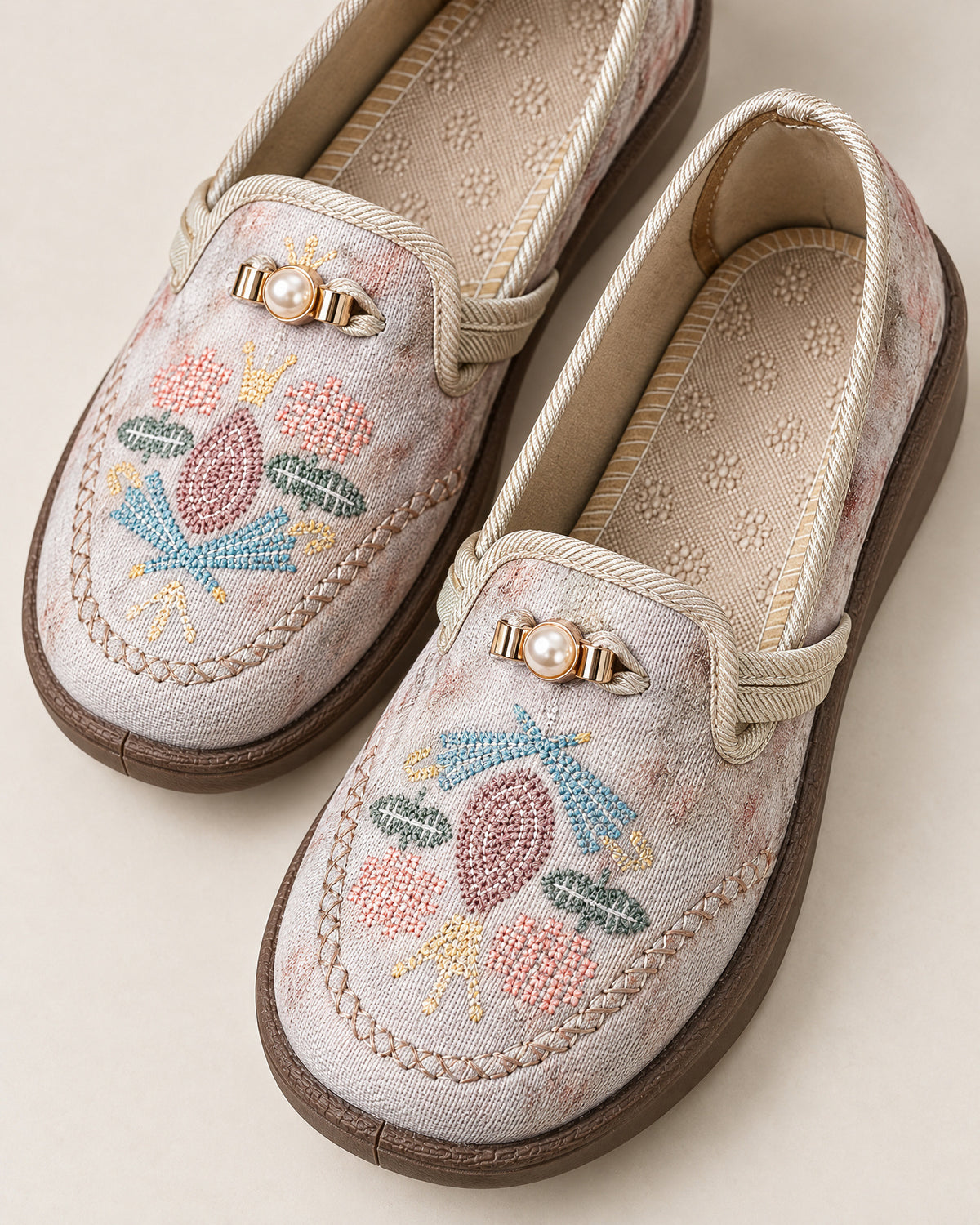 Pearl Buckle Floral Embroidered Loafers for Women – close-up detail