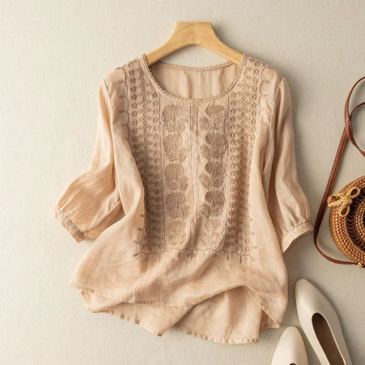 Embroidered Three-Quarter Sleeve Blouse - Beige