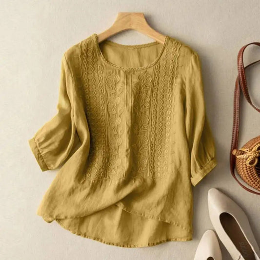 Embroidered Three-Quarter Sleeve Blouse - Yellow