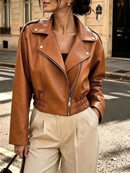 Faux Leather Cropped Biker Jacket - Caramel
