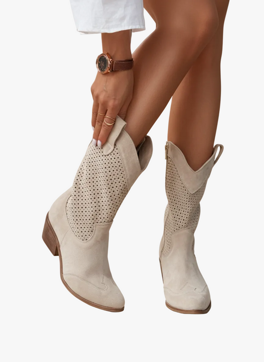 Faux Suede Western Boots for Women - Beige