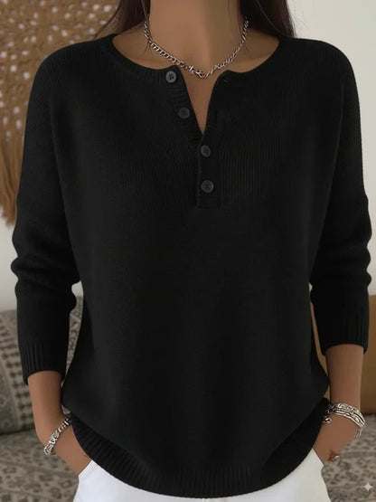 Henley Button Knit Sweater for Women - Black