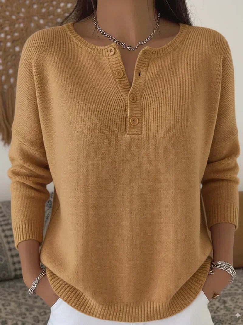 Henley Button Knit Sweater for Women - Camel