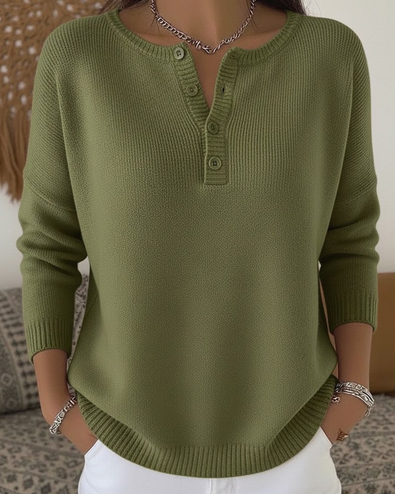 Henley Button Knit Sweater for Women - Olive Green