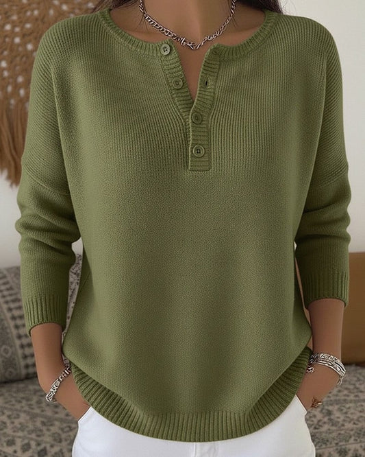 Henley Button Knit Sweater for Women - Olive Green