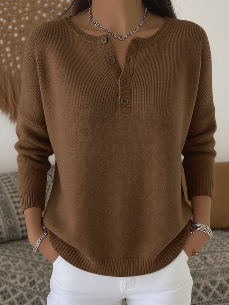 Henley Button Knit Sweater for Women - Warm Brown