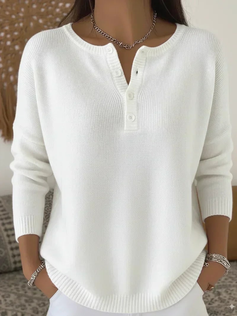 Henley Button Knit Sweater for Women - White