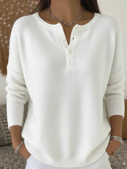 Henley Button Knit Sweater for Women - White
