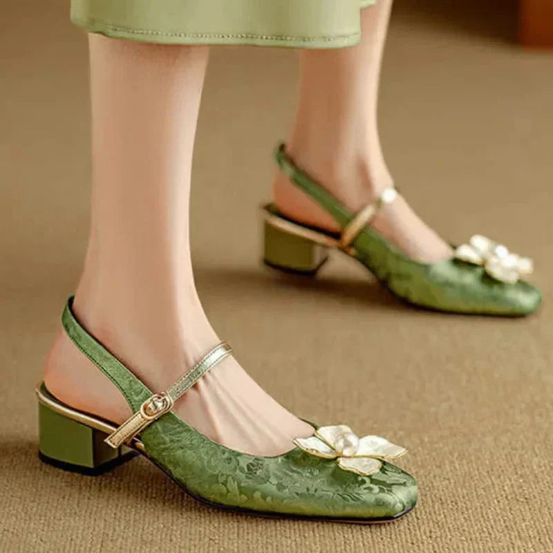 Women's Floral Mary Jane Block Heel Pumps — detail view