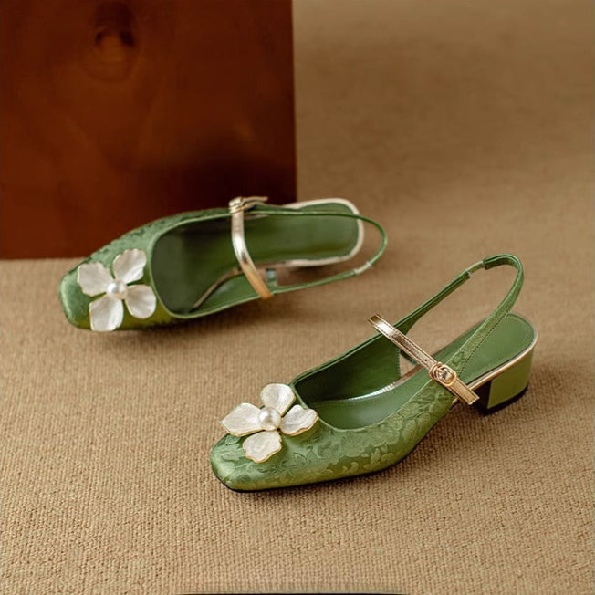 Women's Floral Mary Jane Block Heel Pumps — close-up