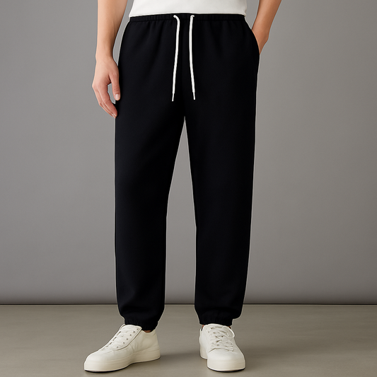 Black cotton drawstring joggers with white ties and side pockets — front view