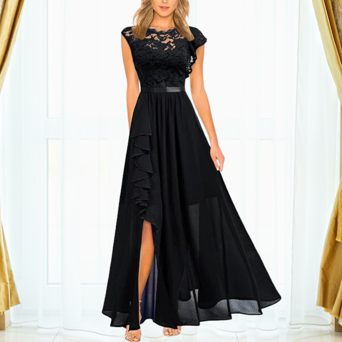 Women's Lace Chiffon Evening Maxi Dress — product view