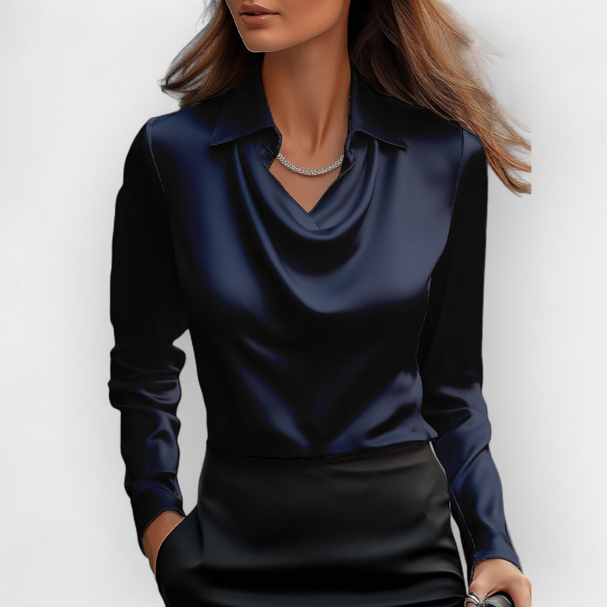 Elara Elegant Women's Satin Blouse with Waterfall Collar - Refined Blouse for Business and Special Occasions - Navy Blue