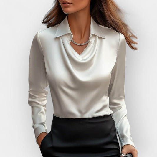 Elara Elegant Women's Satin Blouse with Waterfall Collar - Refined Blouse for Business and Special Occasions - White