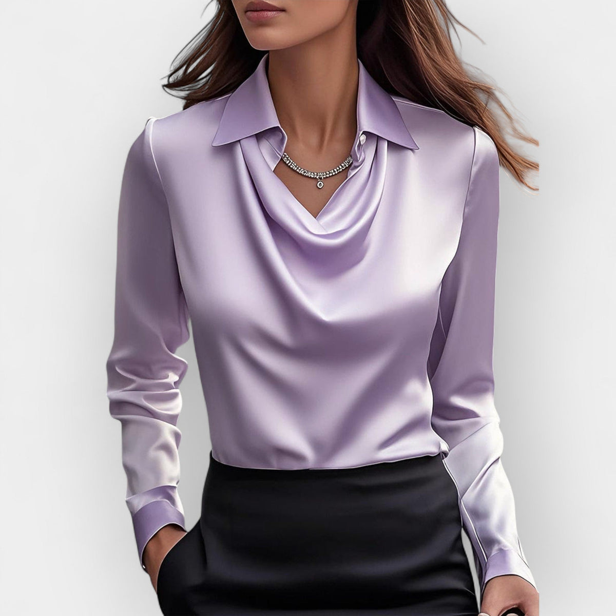 Elara Elegant Women's Satin Blouse with Waterfall Collar - Refined Blouse for Business and Special Occasions - Lavender