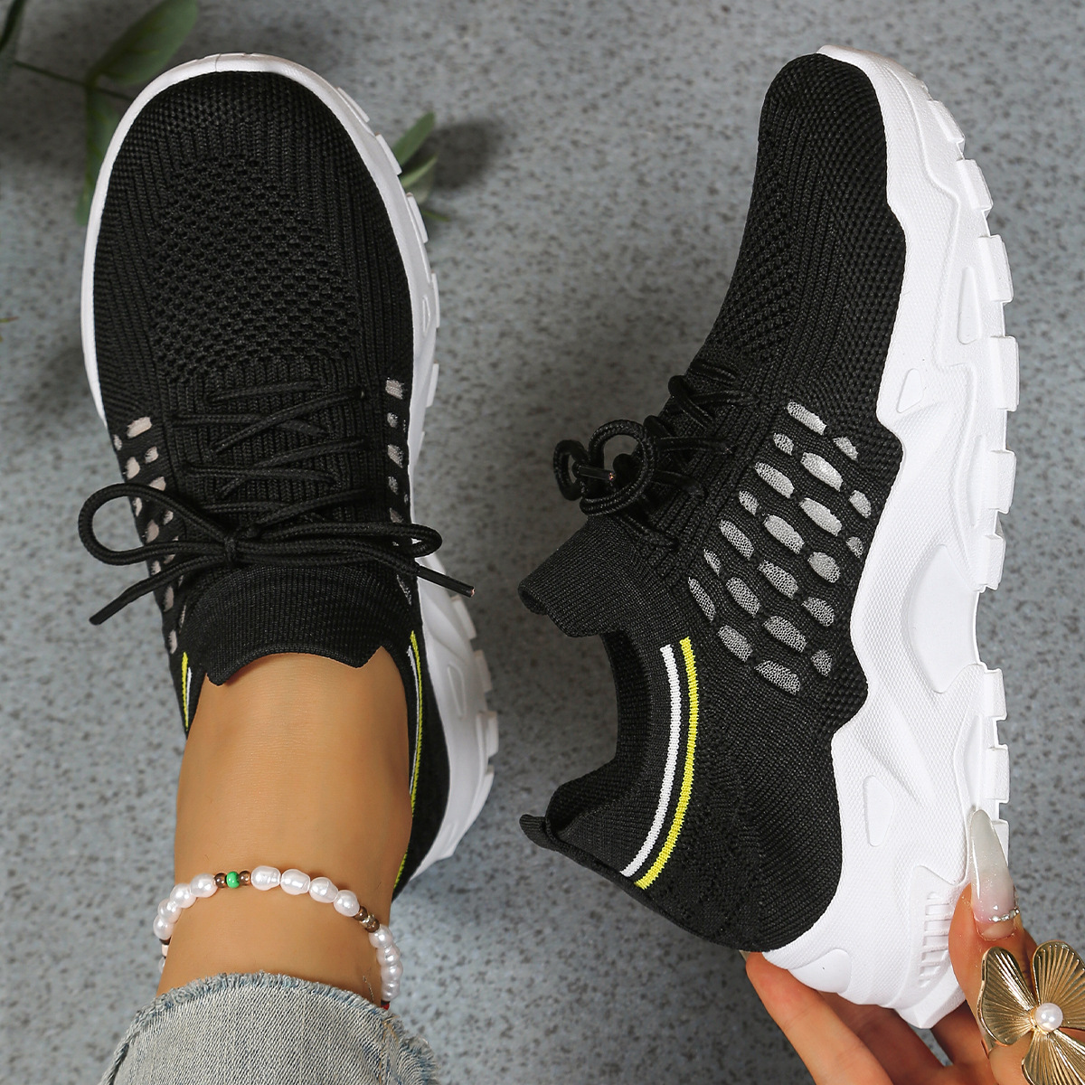 Chunky Mesh Lace-Up Sneakers for Women - Black