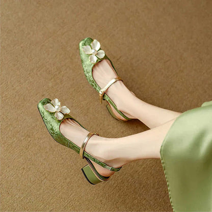 Women's Floral Mary Jane Block Heel Pumps — front view