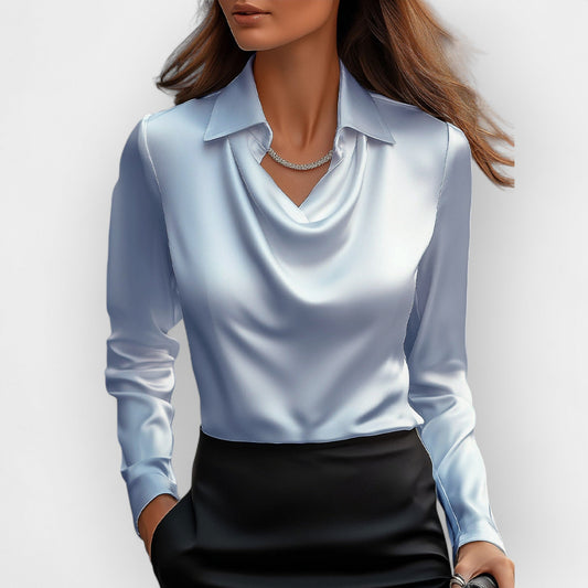 Elara Elegant Women's Satin Blouse with Waterfall Collar - Refined Blouse for Business and Special Occasions - Light Blue
