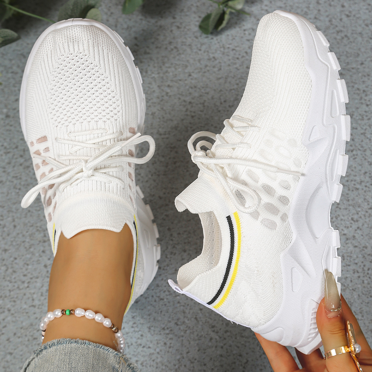 Chunky Mesh Lace-Up Sneakers for Women - White