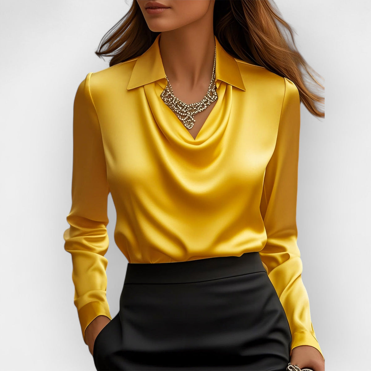 Elara Elegant Women's Satin Blouse with Waterfall Collar - Refined Blouse for Business and Special Occasions - Yellow