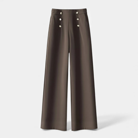 Dark olive high-waist wide-leg pants with silver button details — front view