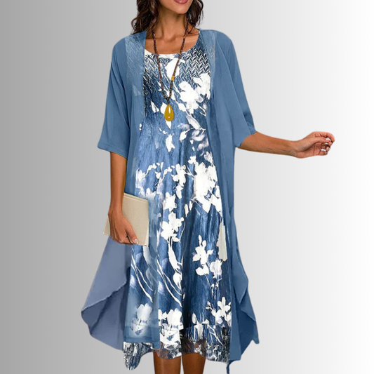 Floral Print Midi Dress with Cardigan Set for Women - Floral Blue