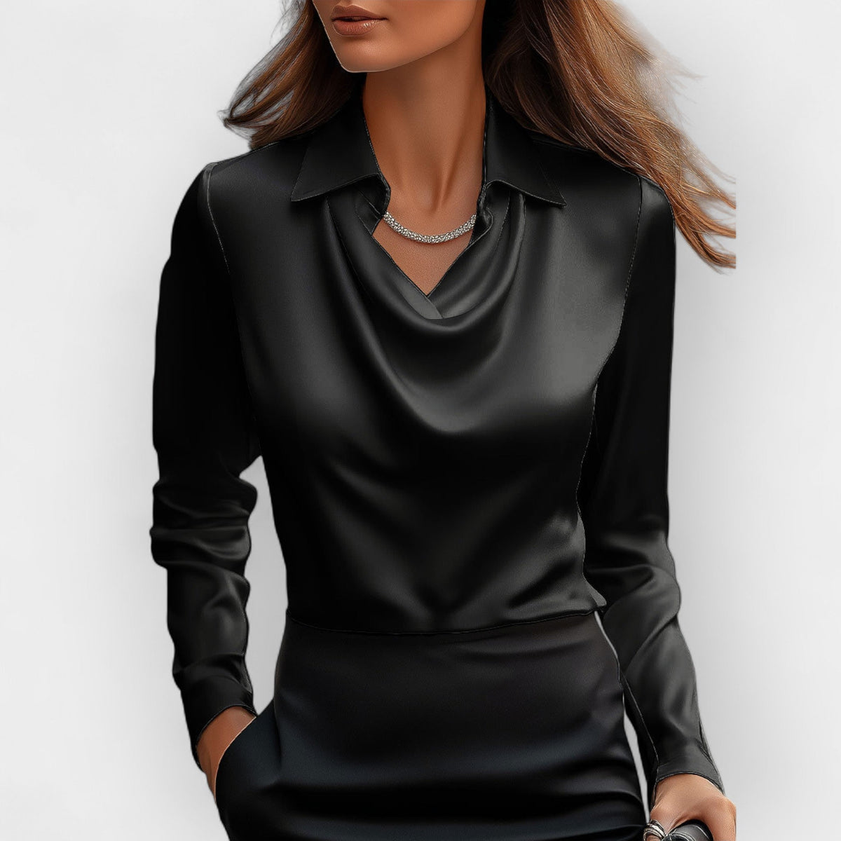 Elara Elegant Women's Satin Blouse with Waterfall Collar - Refined Blouse for Business and Special Occasions - Black