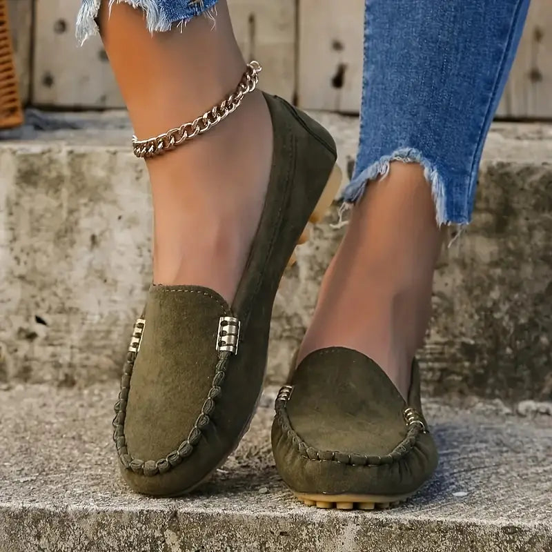 Suede Slip-On Loafers for Women - Green