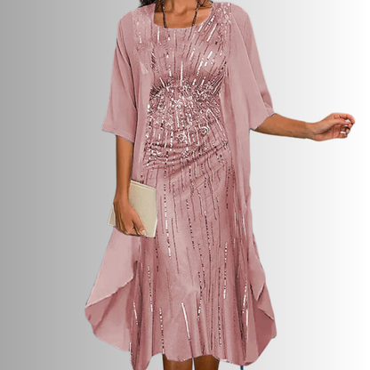 Floral Print Midi Dress with Cardigan Set for Women - Pink