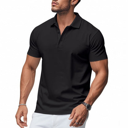 Knit Polo Shirt with Button Placket and Fold-Over Collar - Black