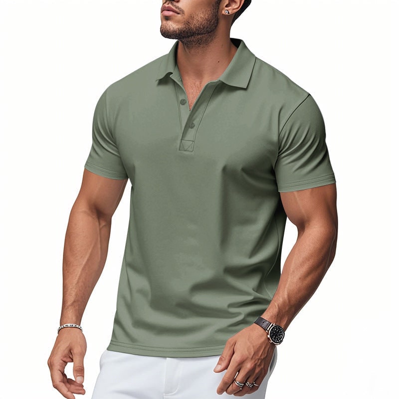 Knit Polo Shirt with Button Placket and Fold-Over Collar - Green