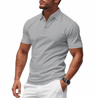 Knit Polo Shirt with Button Placket and Fold-Over Collar - Grey