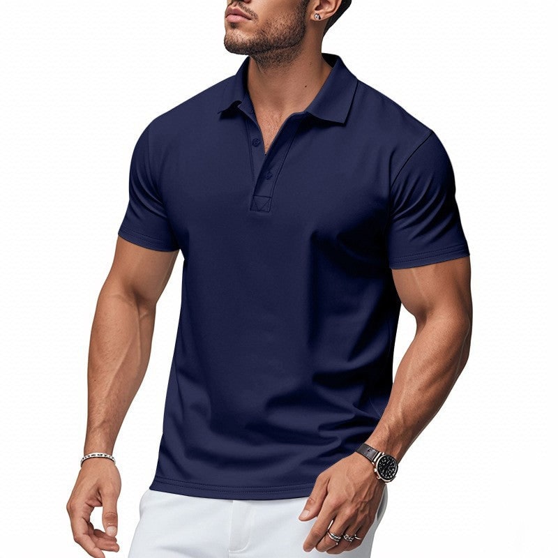 Knit Polo Shirt with Button Placket and Fold-Over Collar - Navy Blue