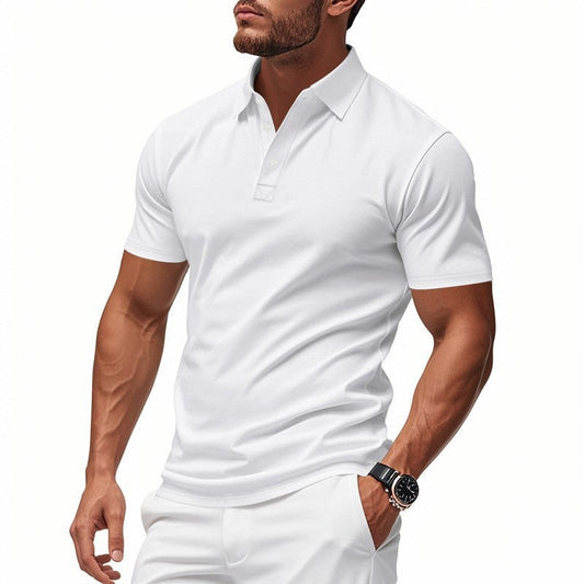 Knit Polo Shirt with Button Placket and Fold-Over Collar - White