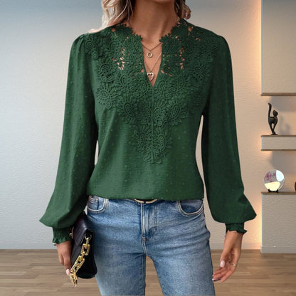 Lace V-Neck Long Sleeve Blouse for Women - Dark Green