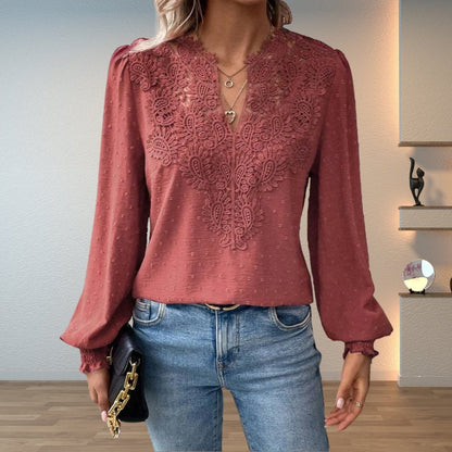 Lace V-Neck Long Sleeve Blouse for Women - Dusty Pink