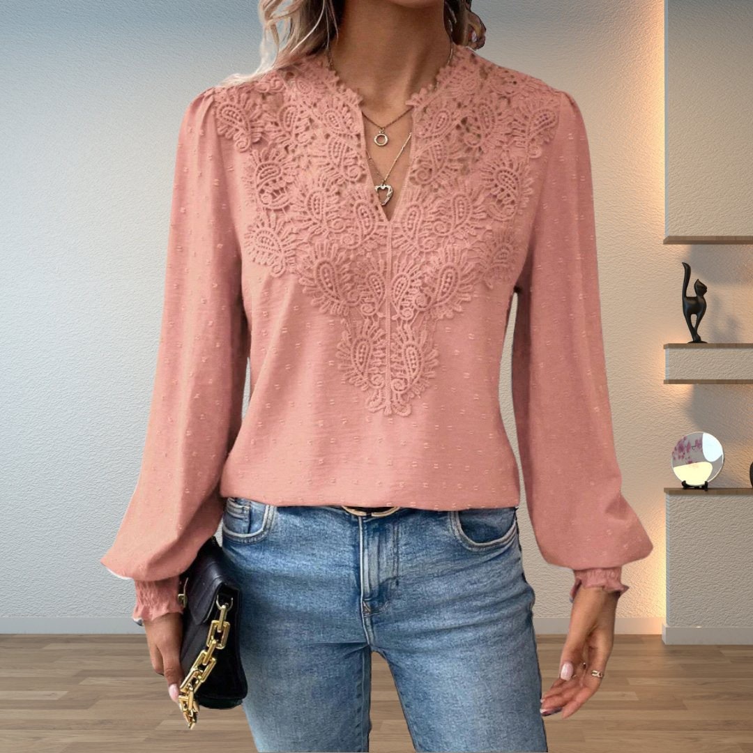 Lace V-Neck Long Sleeve Blouse for Women - Pink